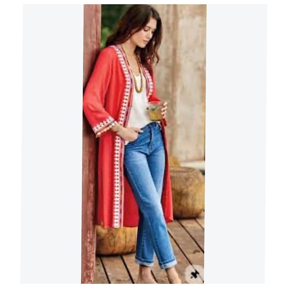 Soft Surroundings Hacienda Kimono Duster Women L Red Embroidered Coin Accents